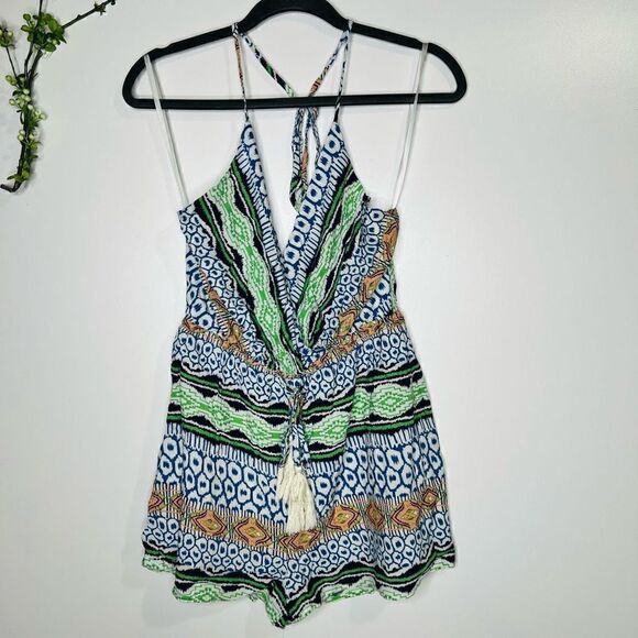 Ark & Co. Bohemian Blue Green Aztec Shorts Romper - Picture 1 of 12